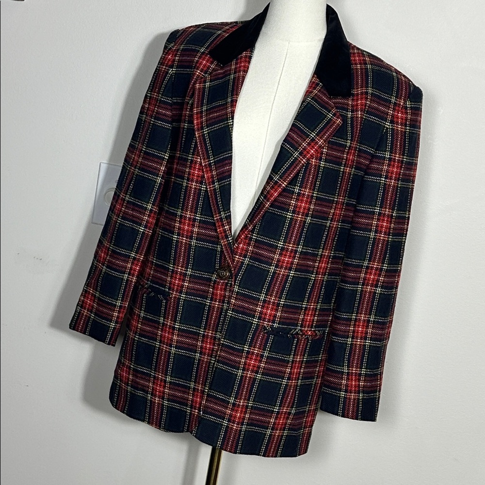 Vintage Tartan Plaid Wool Blend Velvet‎ Collar Blazer Dark Academia Holiday 10P